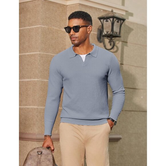 Men's Knit Polo Long Sleeve V-Neck Pullover Sweaters Collared Knitted Light Grey - Picture 4 of 6